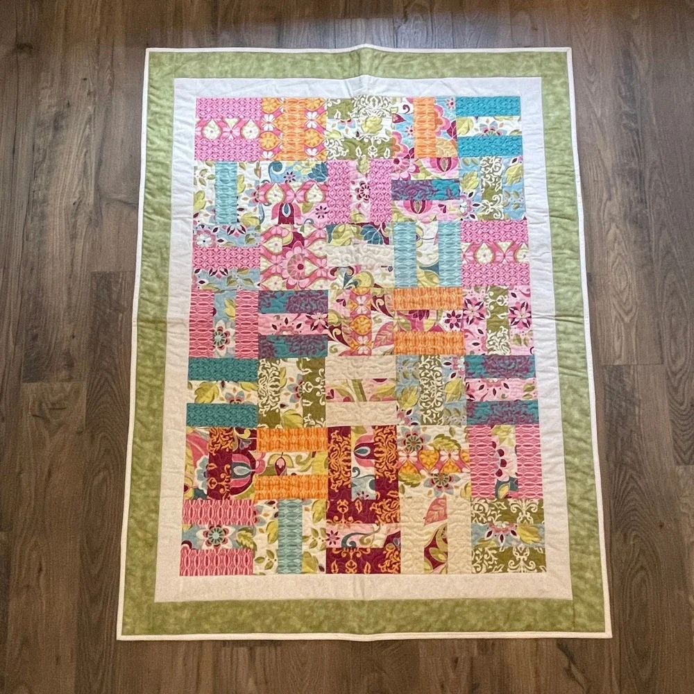 Handmade Floral Patchwork Quilt Pink Green Orange Teal Lap Blanket 36x52
